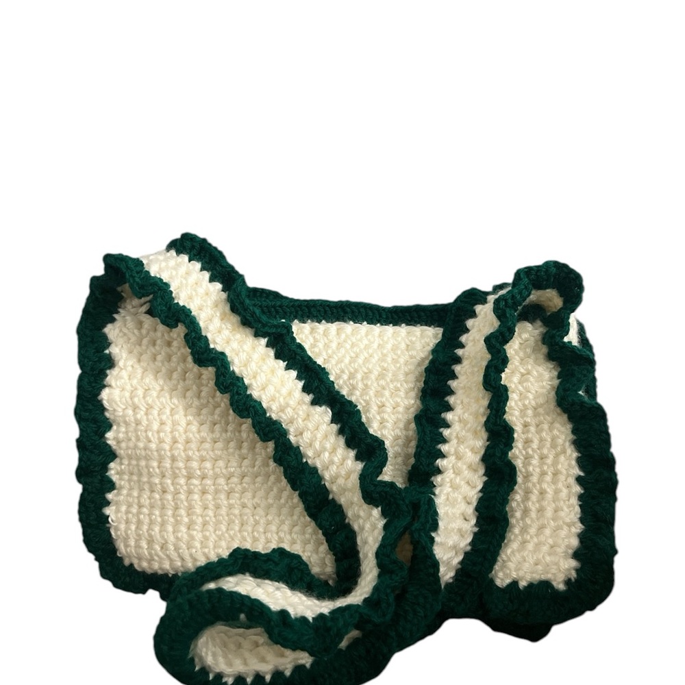 Green and White Crossbody Bag with Handmade Crochet Design